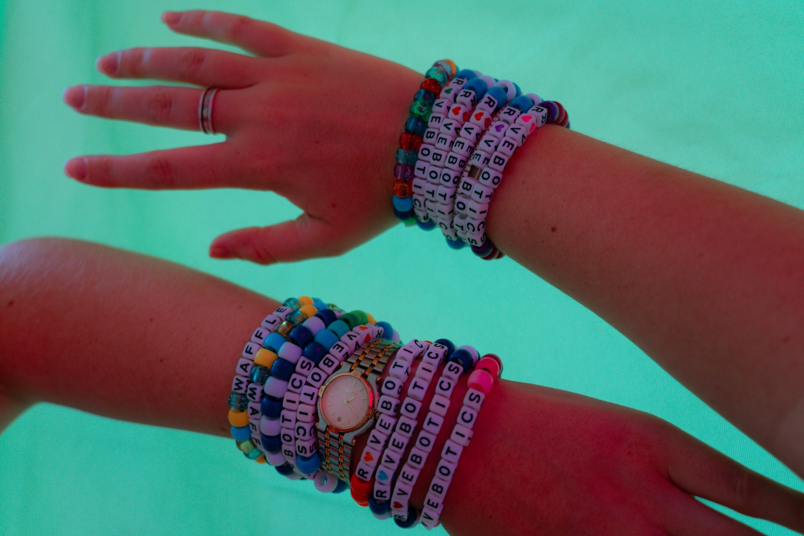 a finished Ravebotics bracelet held in a hand